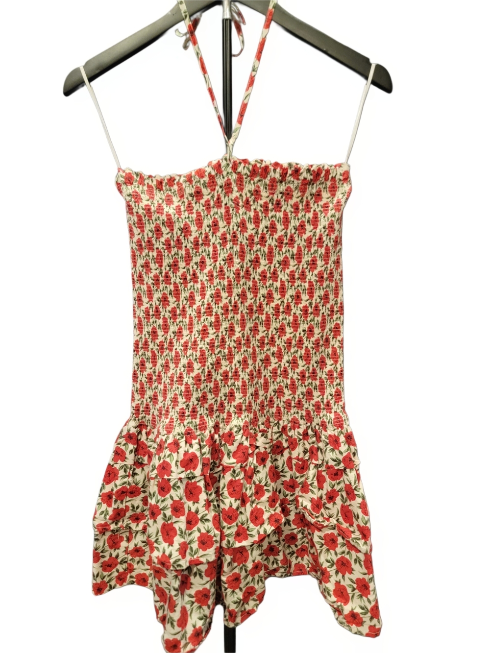 BUCKETLIST Red and Cream Floral Smocked Halter Romper